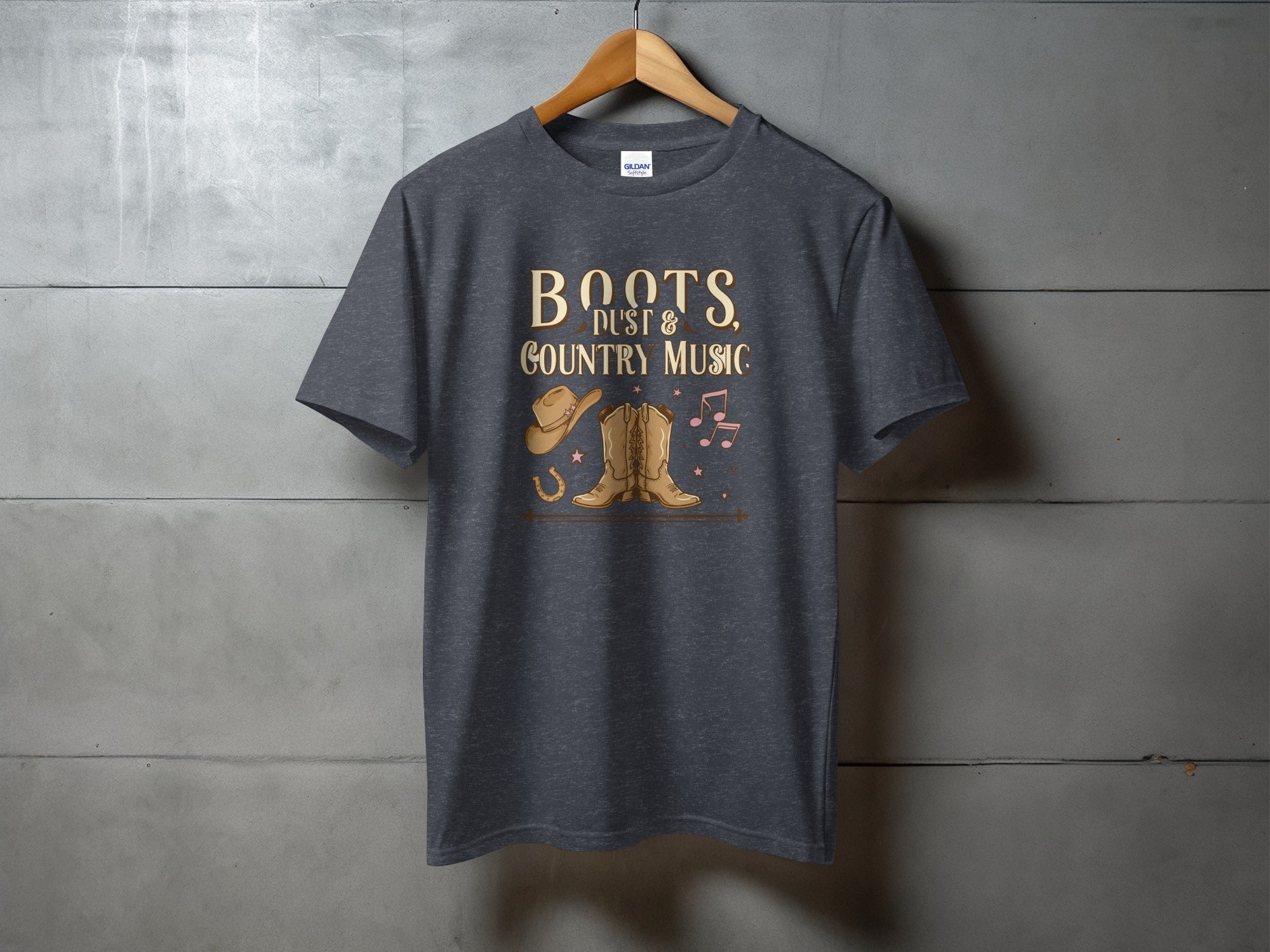Dark t-shirt with "Boots, Dust & Country Music" text, cowboy hat, and boots graphic.