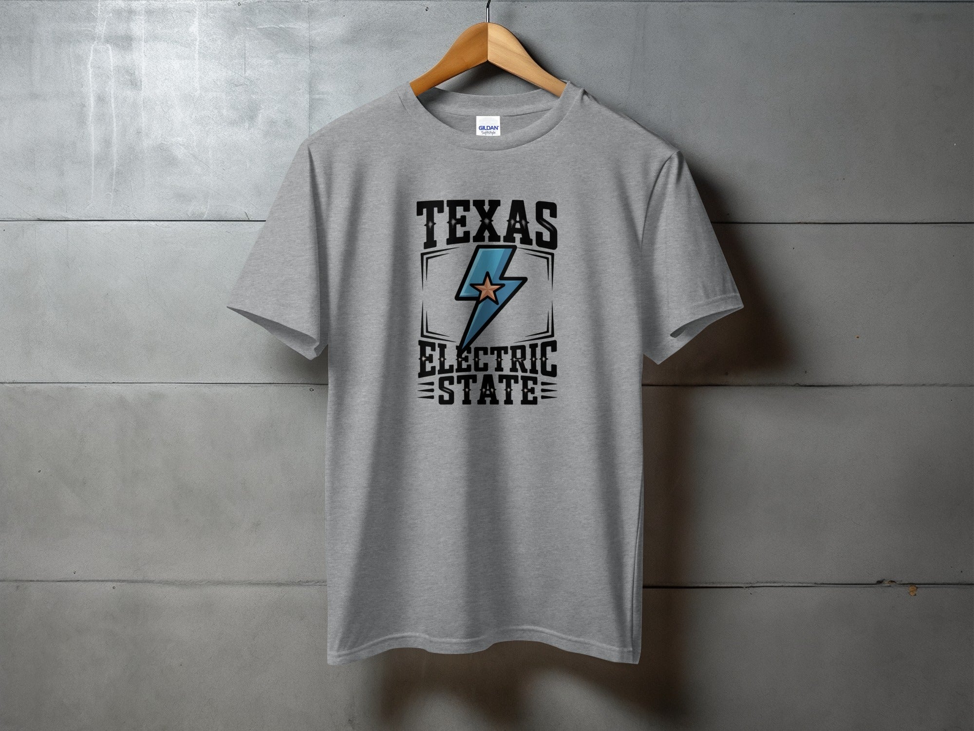 Grey t-shirt with "Texas Electric State" and lightning bolt design.