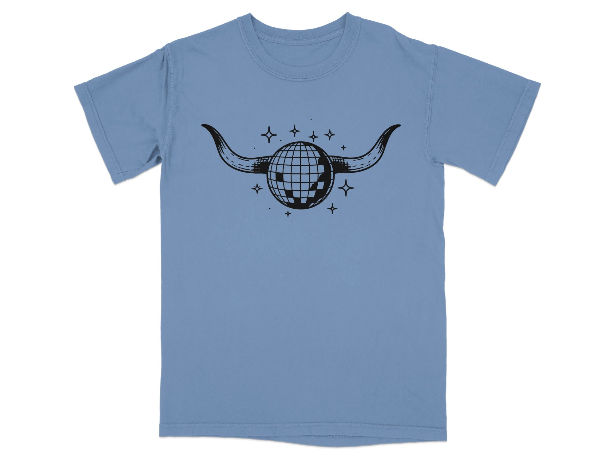 Blue t-shirt with a black graphic of a disco ball with horns and sparkling stars.