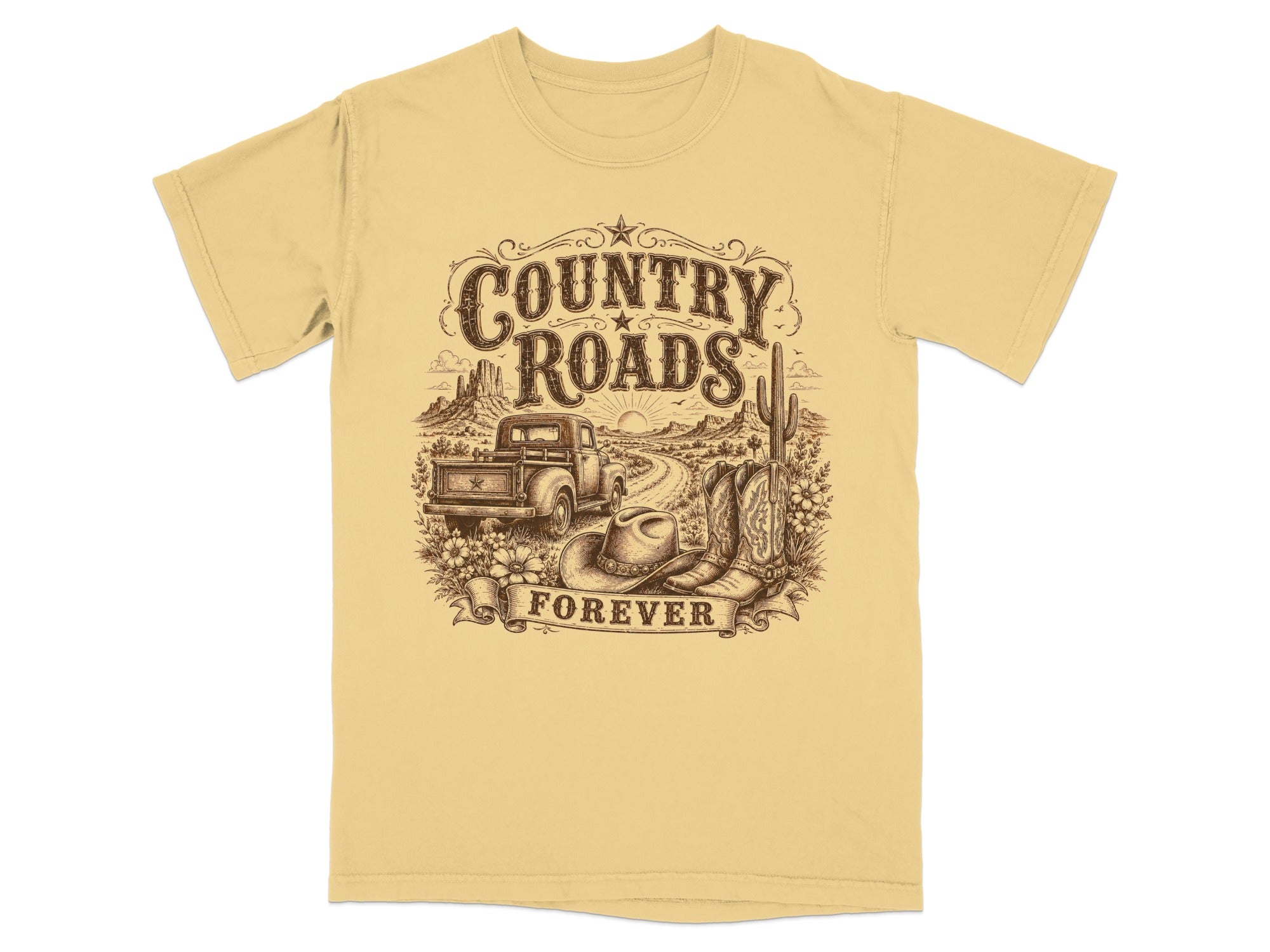 Country Roads Forever t-shirt design with truck, cowboy hat, and boots.