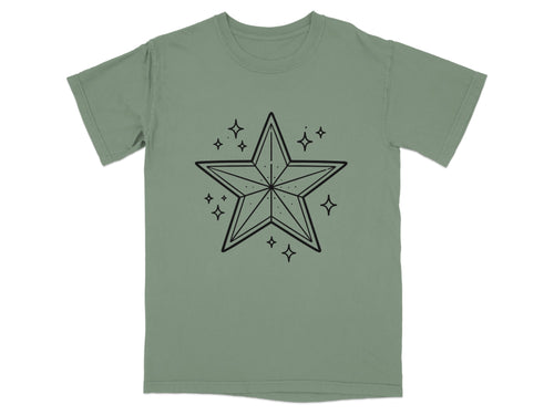 Green t-shirt with black outline star and scattered star accents.