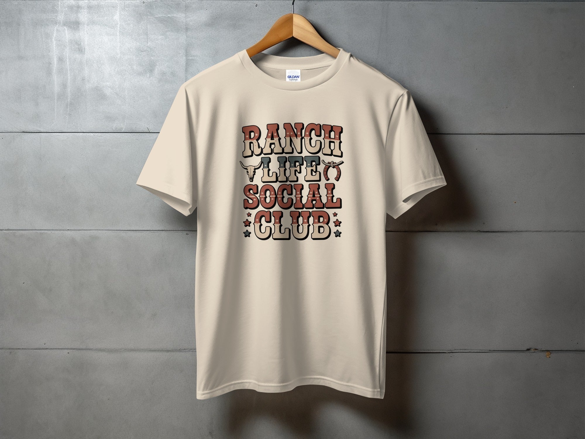 T-shirt with "Ranch Life Social Club" text and western-themed graphics.