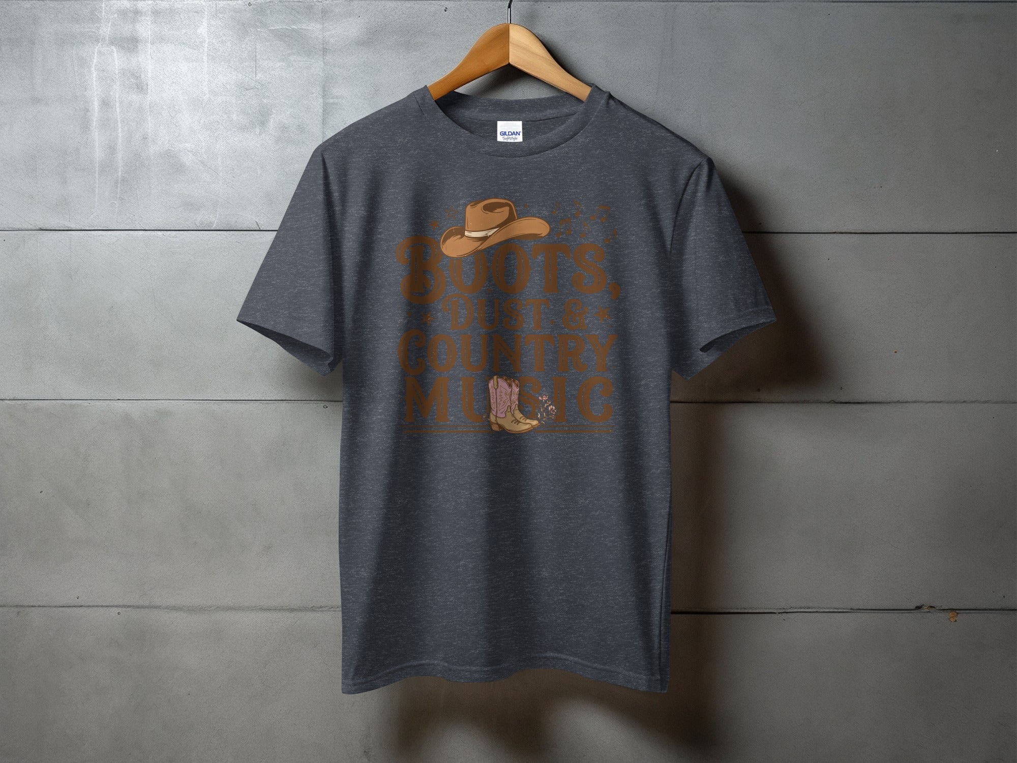 Dark grey t-shirt with "Boots, Dust & Country Music" text and graphics.