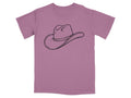 Purple t-shirt with a black line drawing of a cowboy hat.