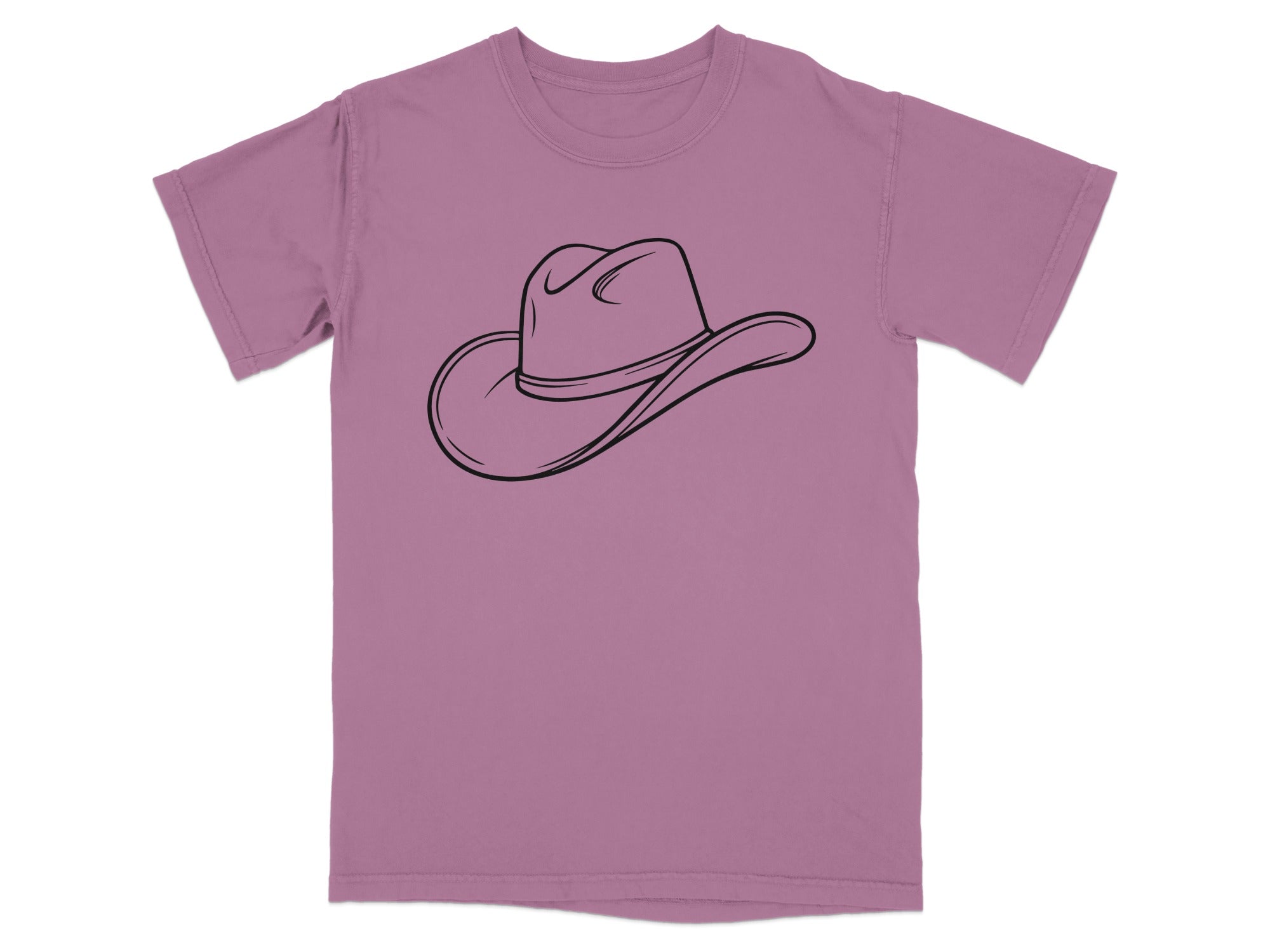 Purple t-shirt with a black line drawing of a cowboy hat.