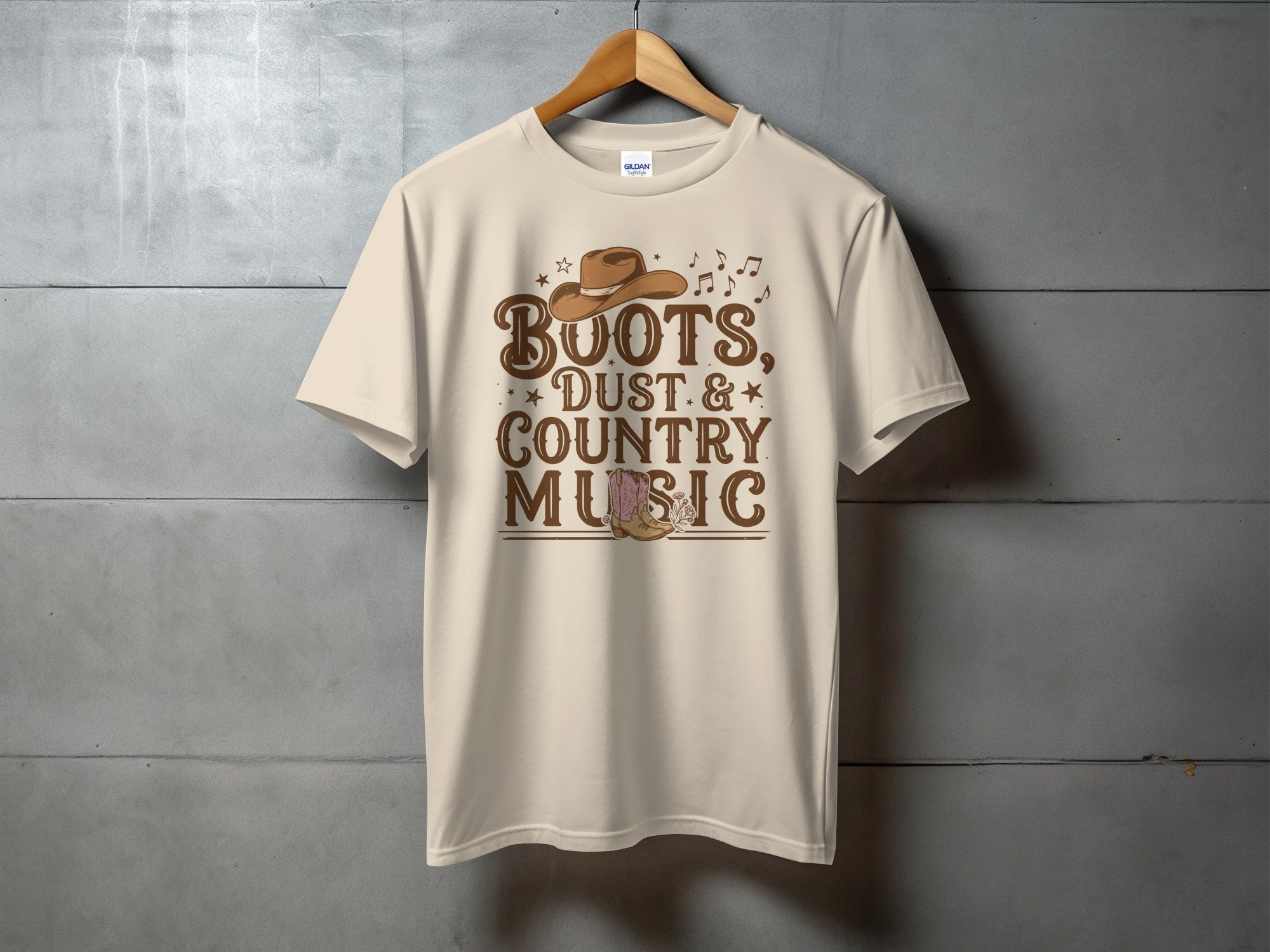 Beige t-shirt with "Boots, Dust, Country Music" and cowboy hat graphic.
