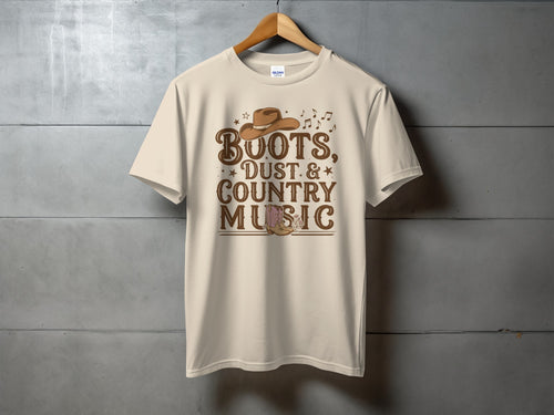 Beige t-shirt with "Boots, Dust, Country Music" and cowboy hat graphic.