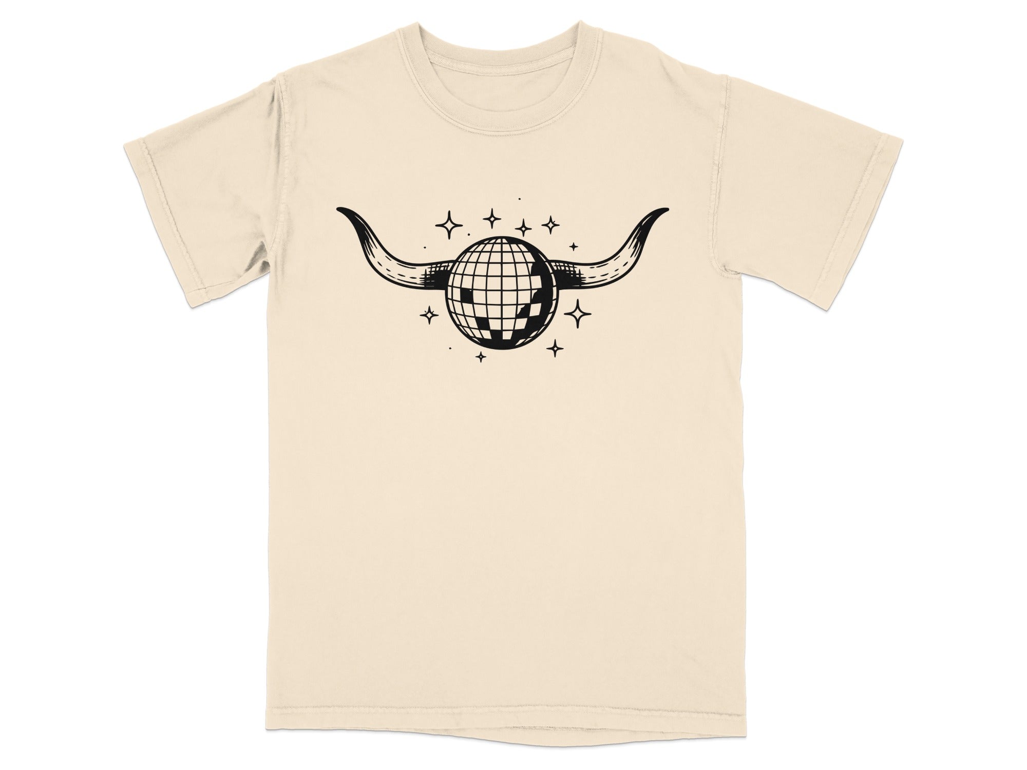 Black graphic of devil horns and a disco ball with a smiley face on a cream shirt.