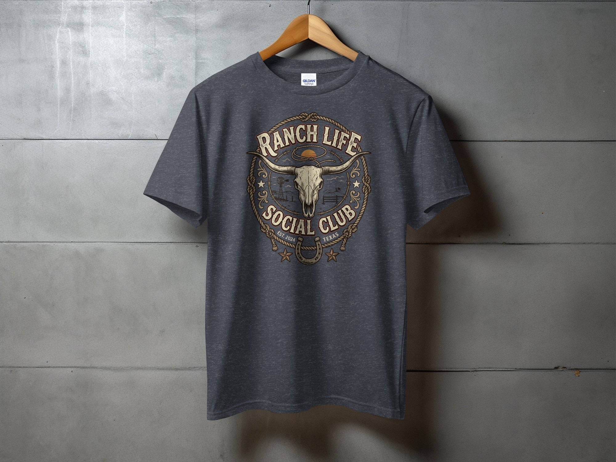 Dark grey t-shirt with "Ranch Life Social Club" text and bull skull graphic.