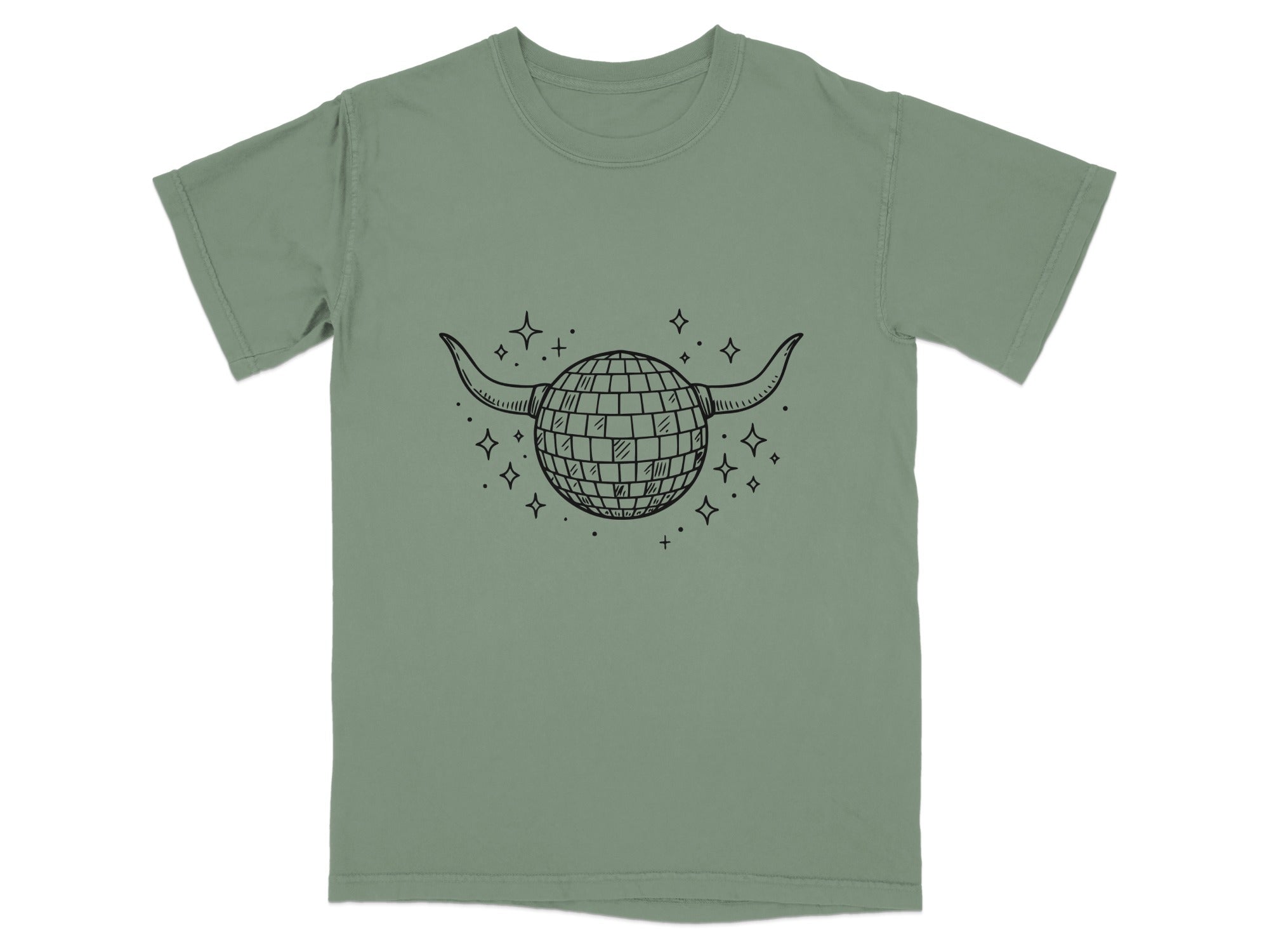 Green t-shirt with hand-drawn disco ball and bull horns graphic.