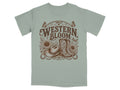 Light gray t-shirt with "Western Bloom" text and cowboy boots, hat, sunflowers, and butterflies graphic.