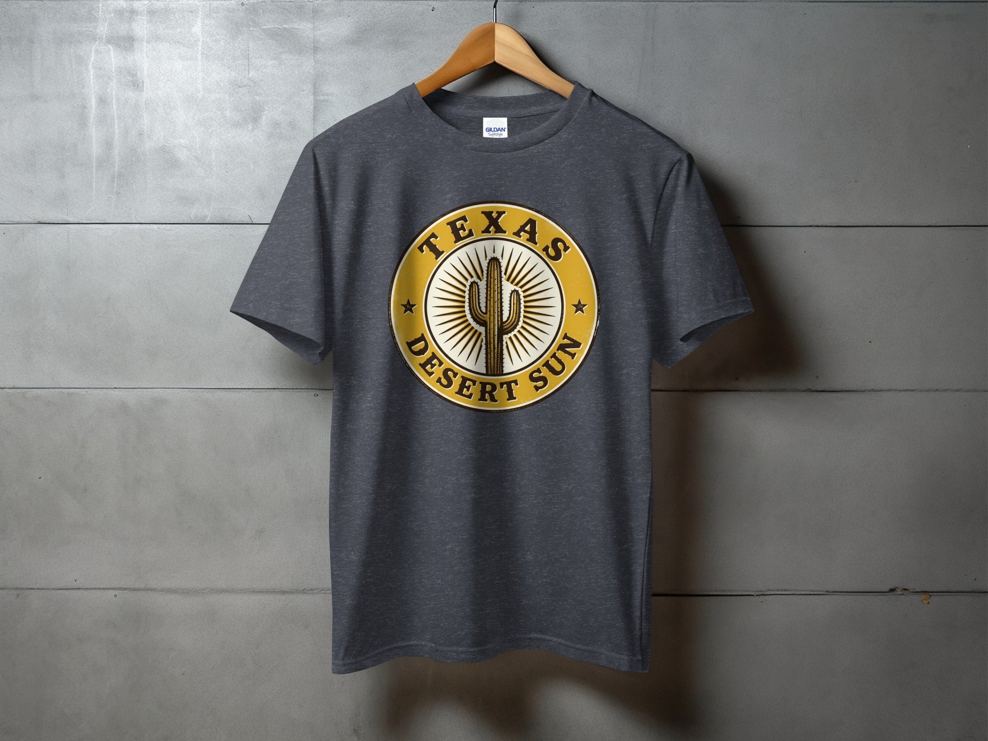 Dark grey t-shirt featuring a circular emblem with "Texas Desert Sun" and a cactus.