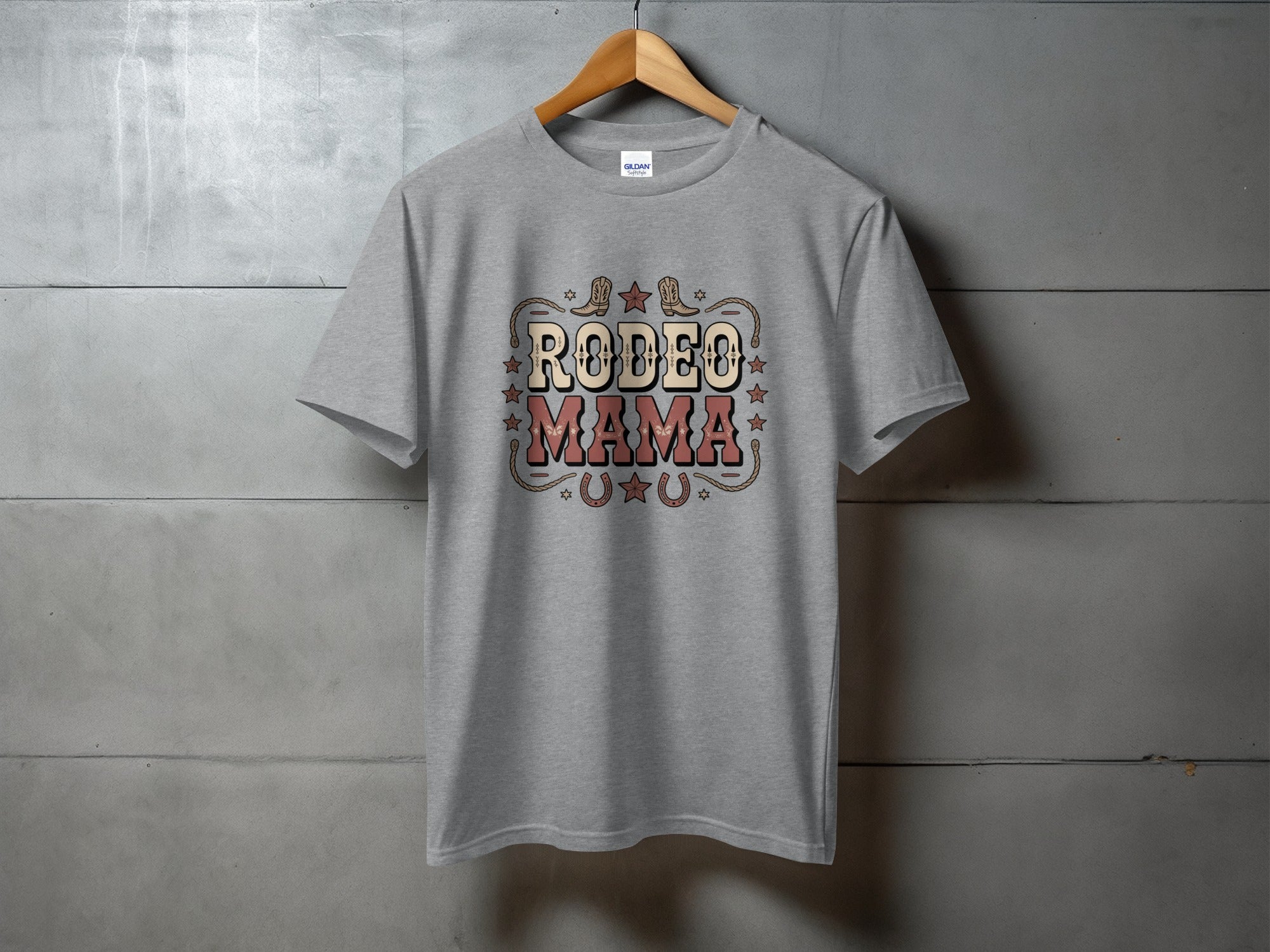 Grey t-shirt with "RODEO MAMA" text and cowboy boot and star graphics.