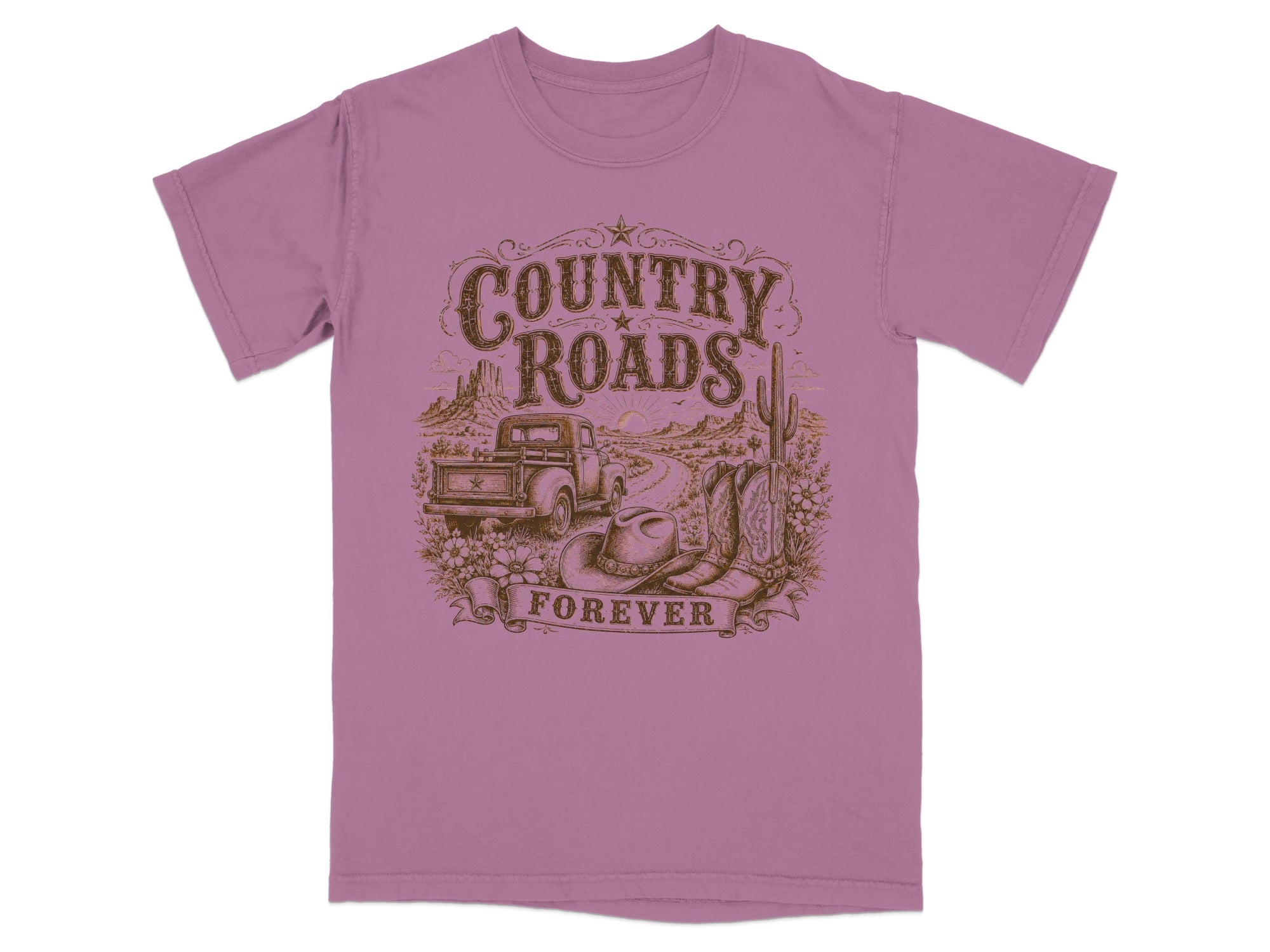 T-shirt with "Country Roads Forever" text and desert landscape with truck and cowboy boots.
