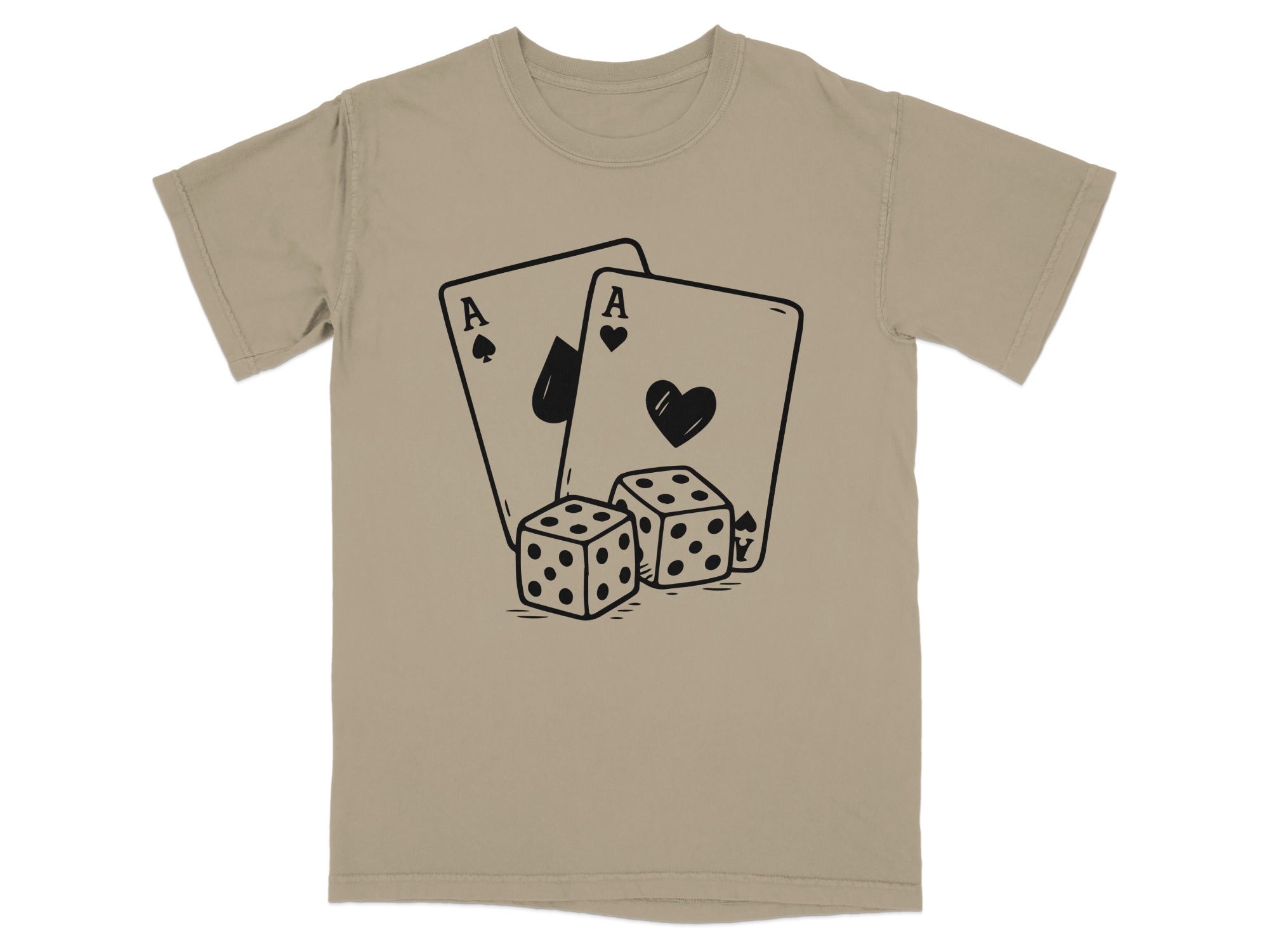 Two aces and two dice displayed on a tan t-shirt.