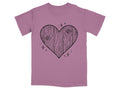 Pink t-shirt with a black wood-grain heart graphic and small stars.