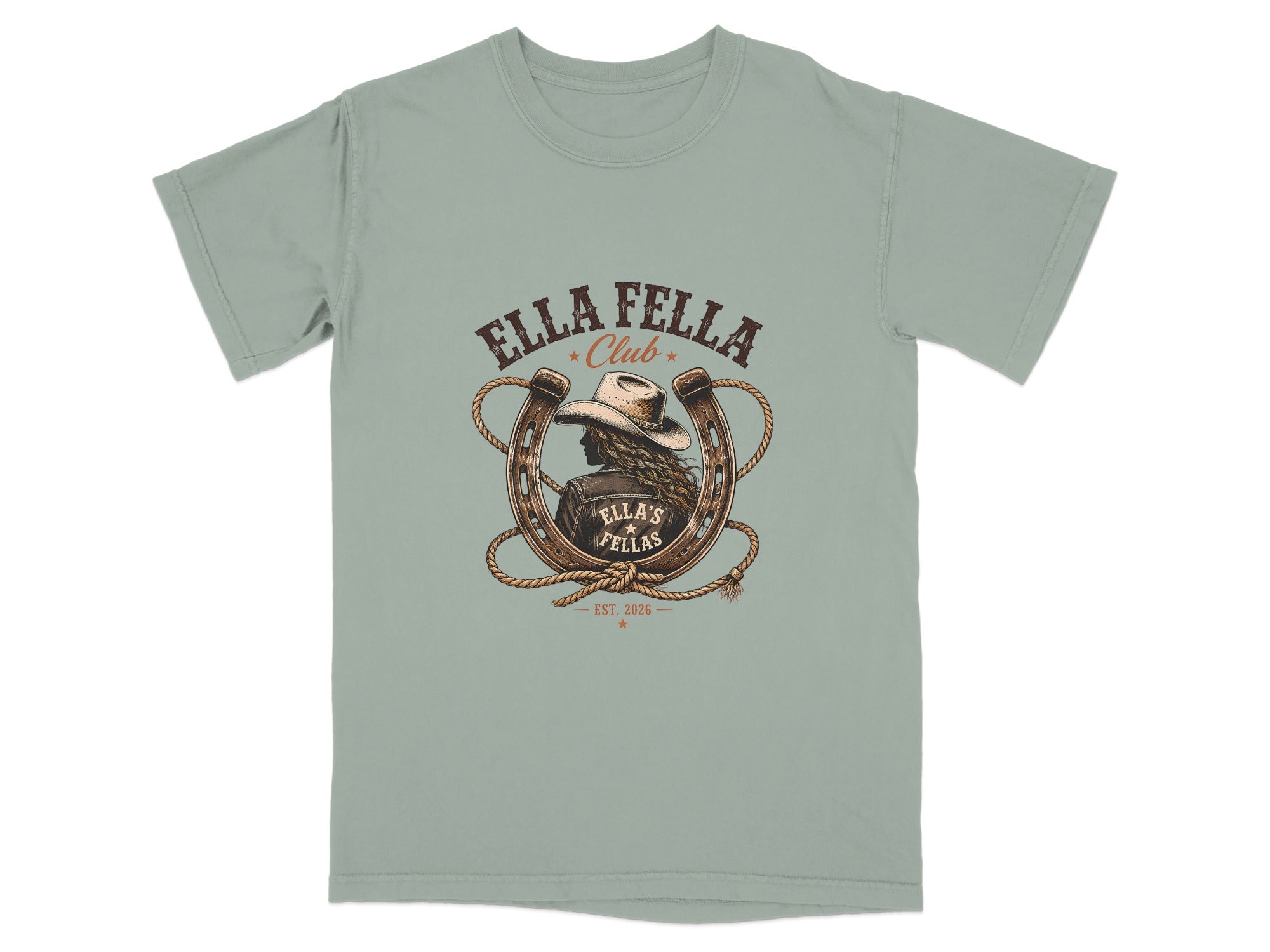 T-shirt graphic with cowboy hat, horseshoe, rope, and "Ella Fella Club" text.