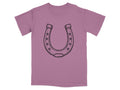 Rose t-shirt with a black outline drawing of a horseshoe on the front.