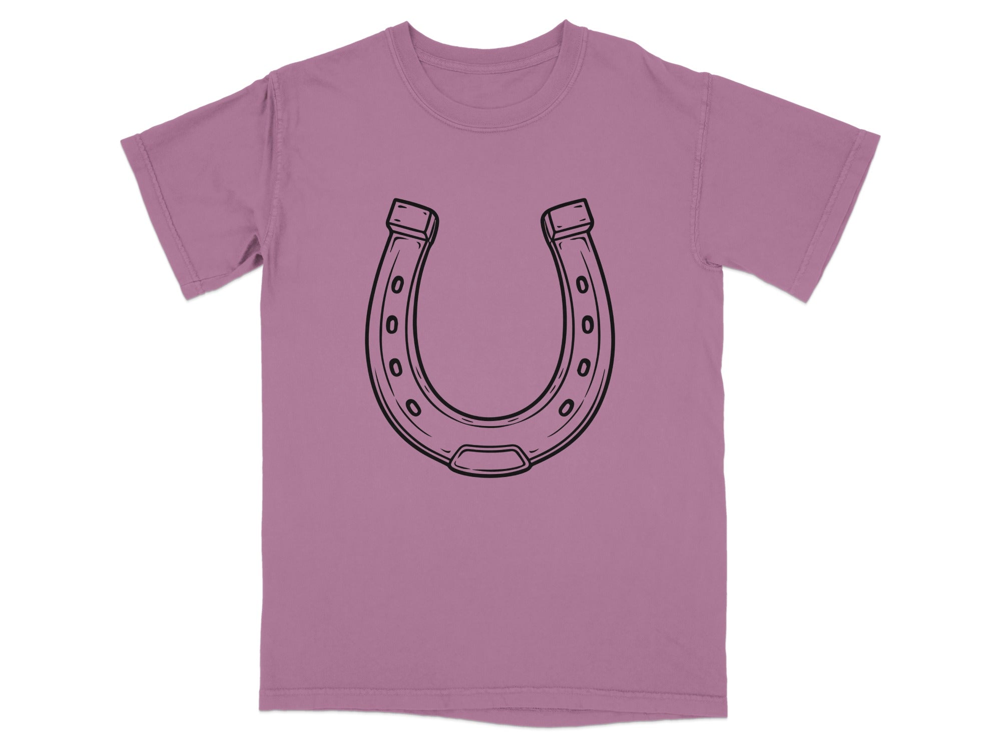 Rose t-shirt with a black outline drawing of a horseshoe on the front.