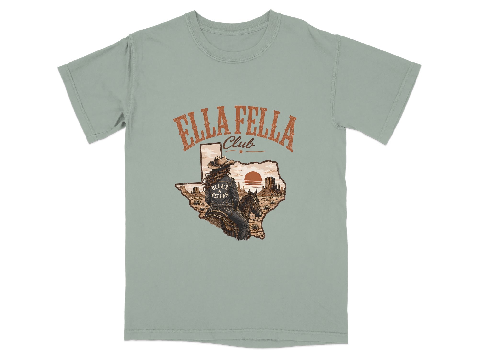 T-shirt with Texas outline, cowboy on horseback, and text "Ella Fella Club".