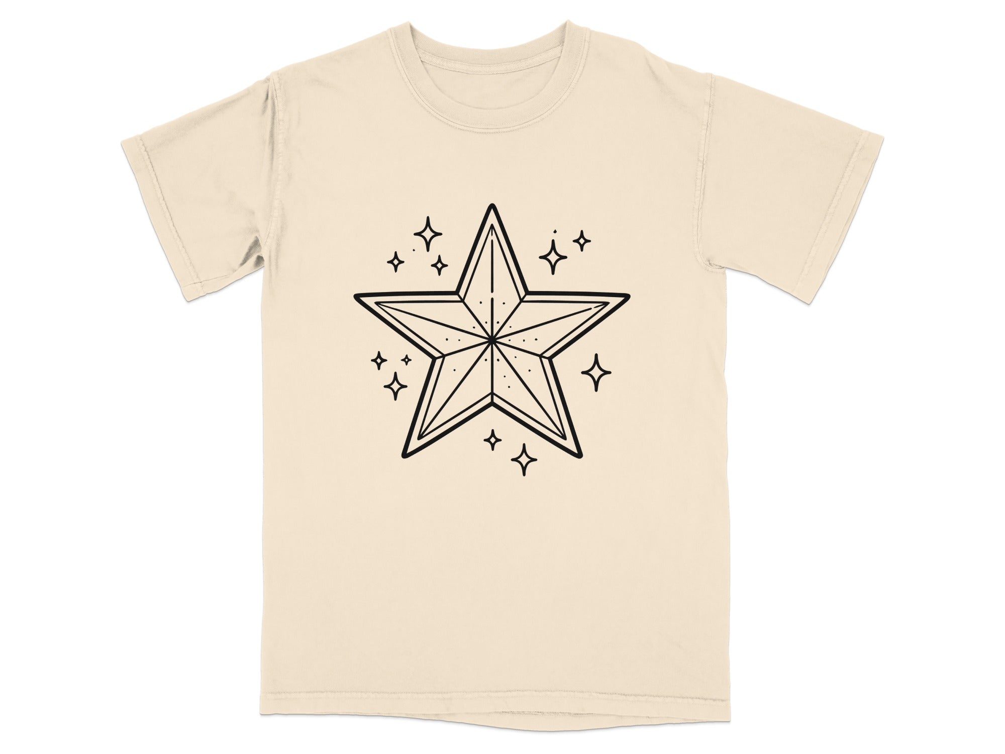 Cream t-shirt with a black outlined stylized star and small stars.