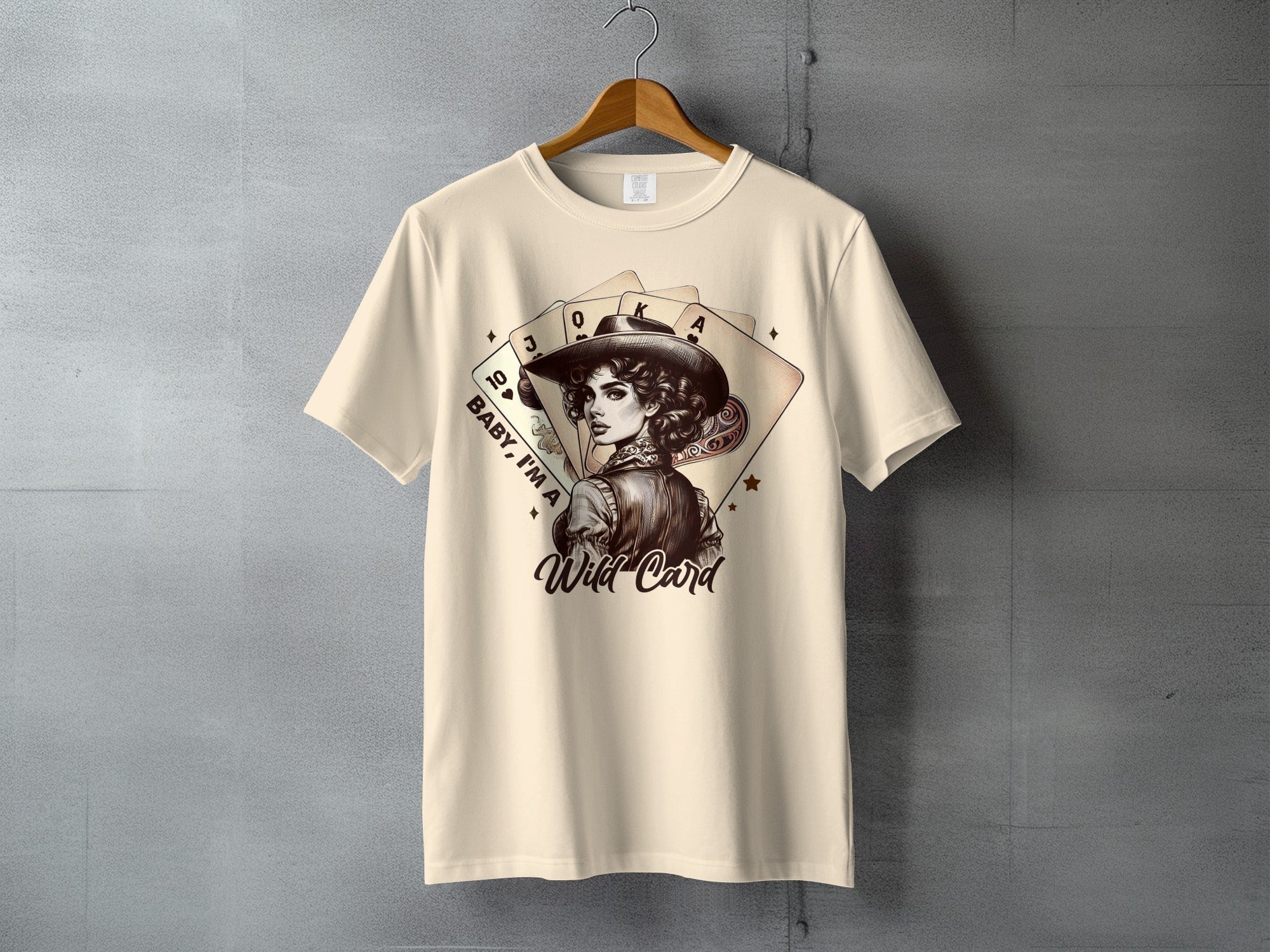 T-shirt with cowgirl illustration and "Wild Card" text.