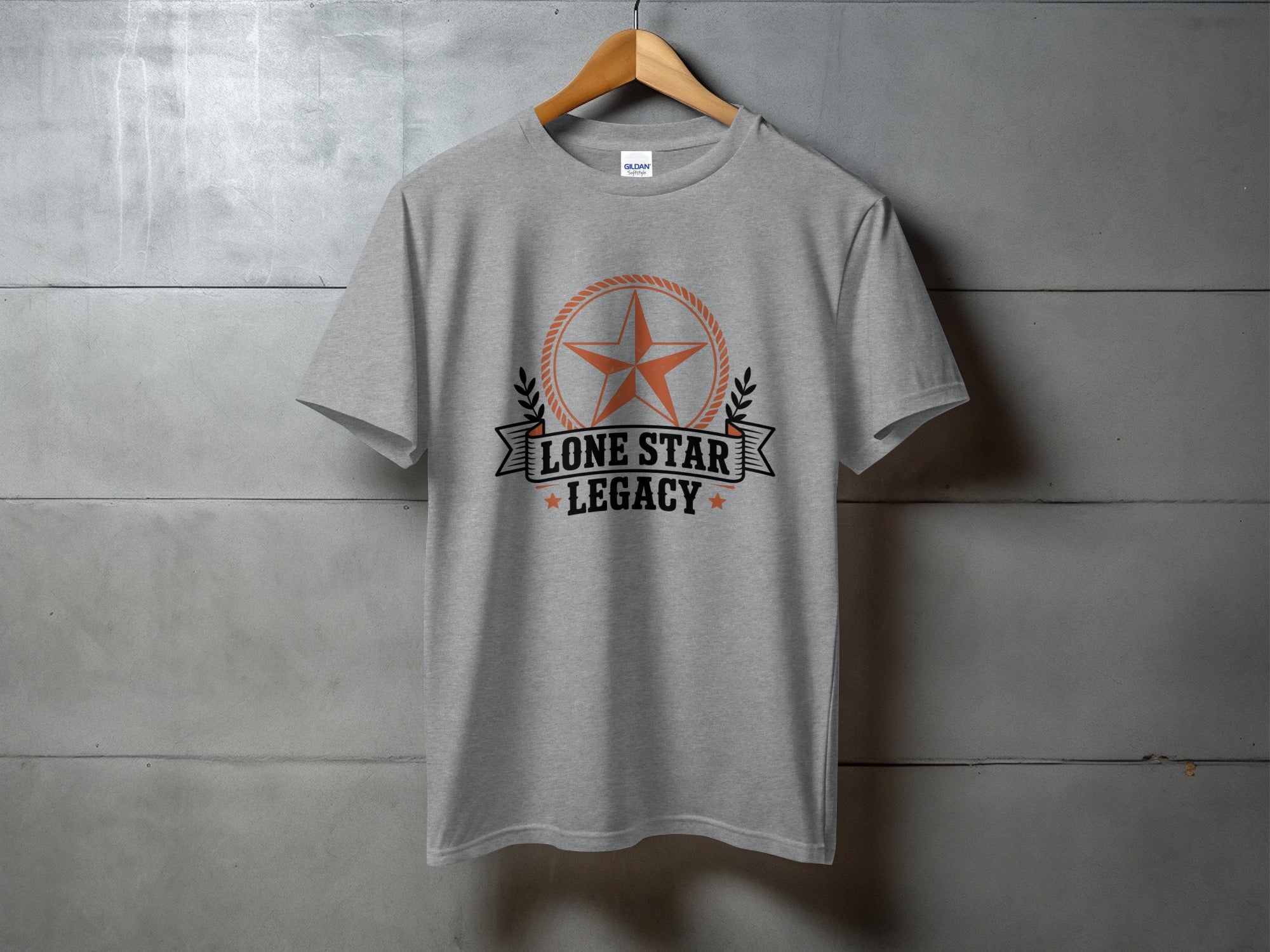 Grey t-shirt with a circular orange star and text "LONE STAR LEGACY".