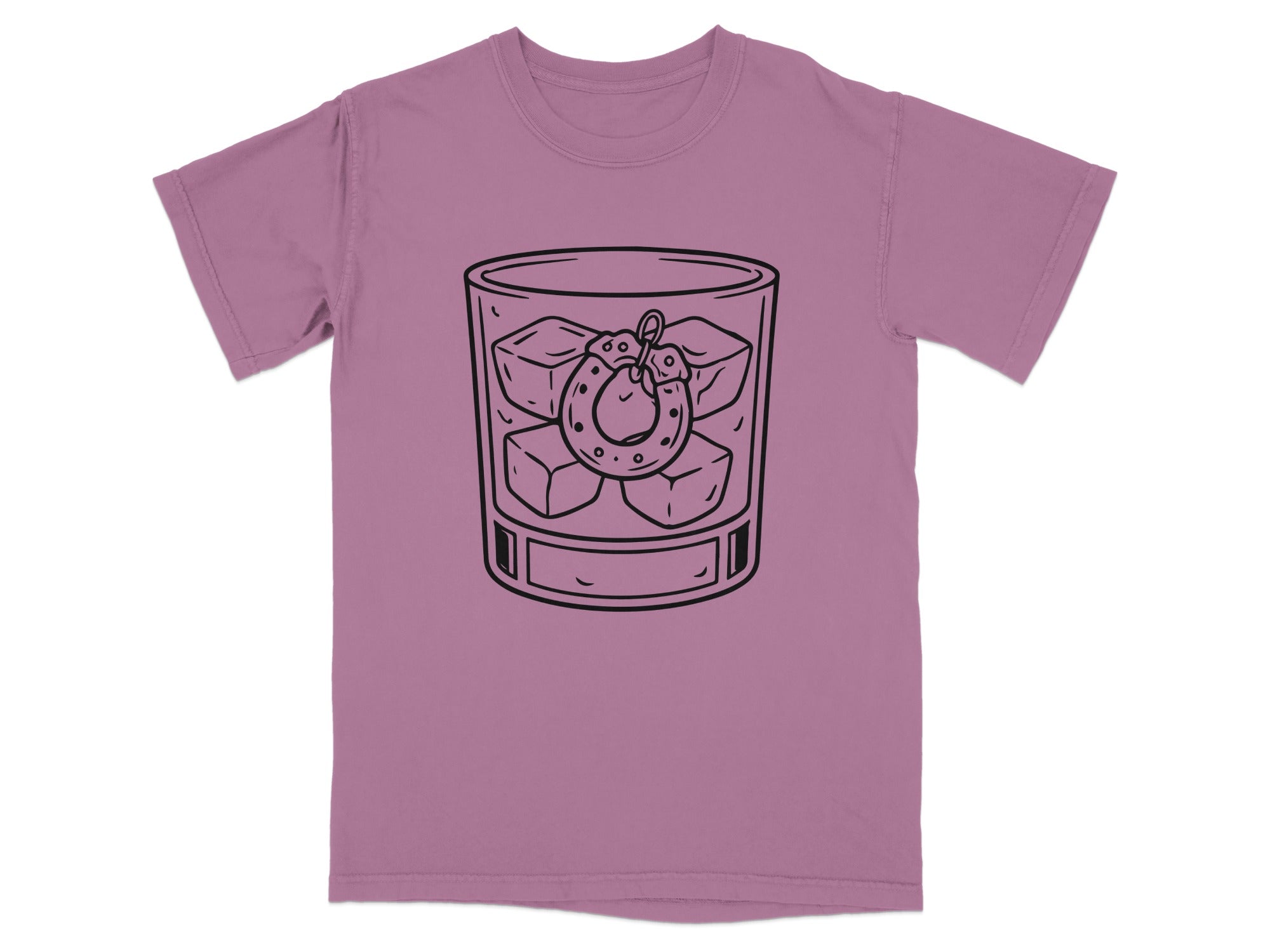 T-shirt with a line drawing of a horseshoe in a glass of ice.