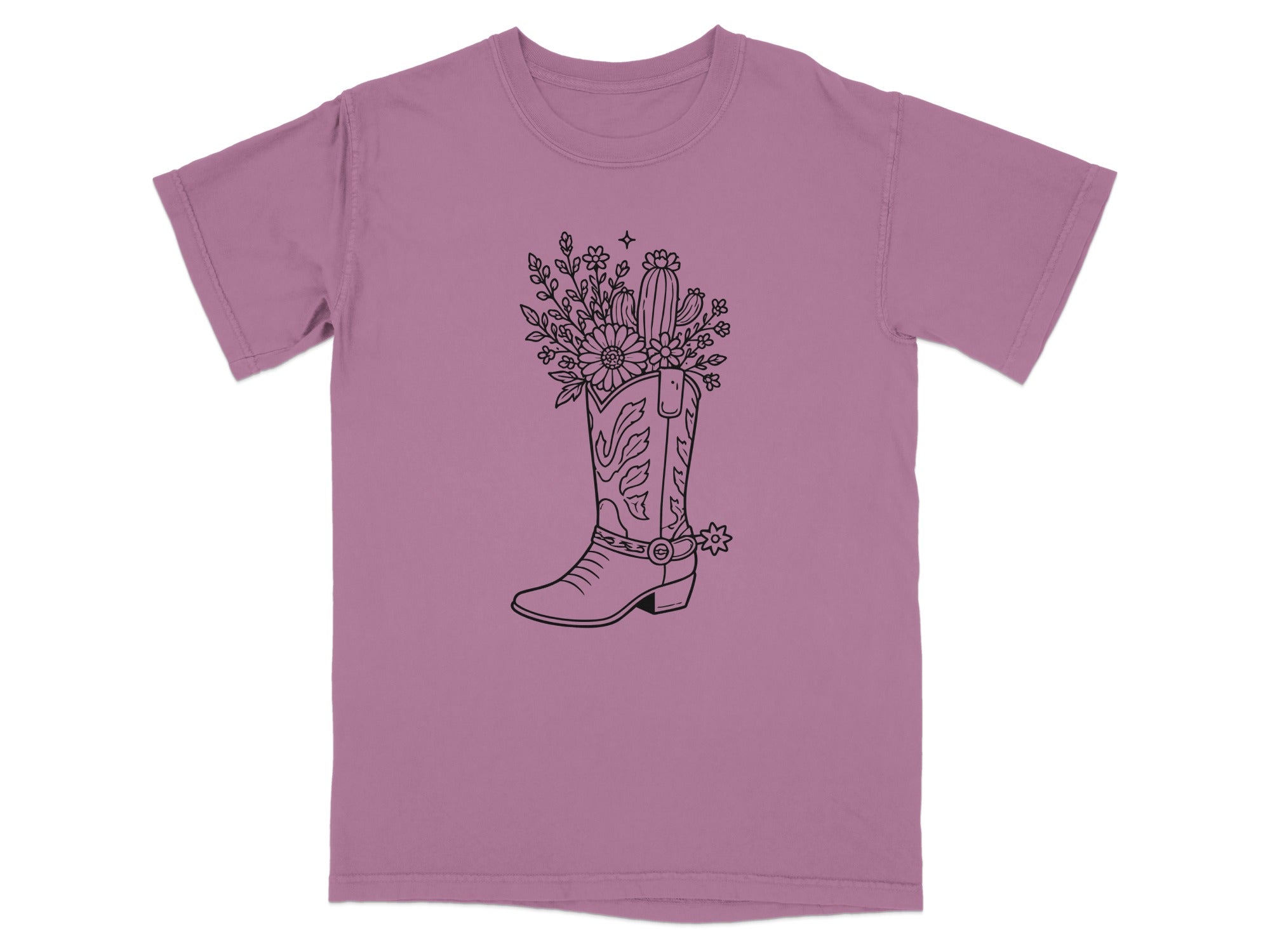 Cowboy boot with flowers and cactus graphic on a mauve t-shirt.