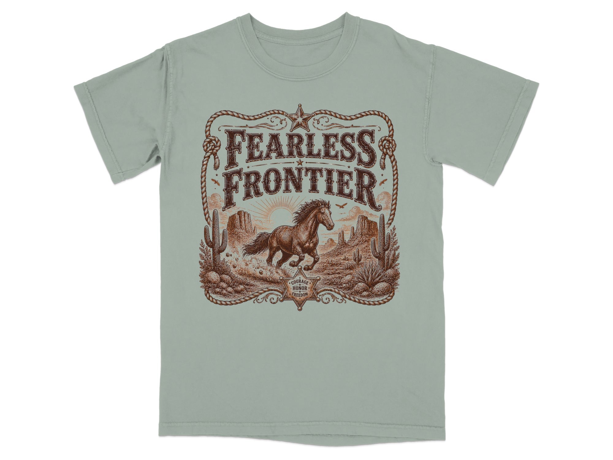 T-shirt with "Fearless Frontier" text, horse, and desert landscape graphic.