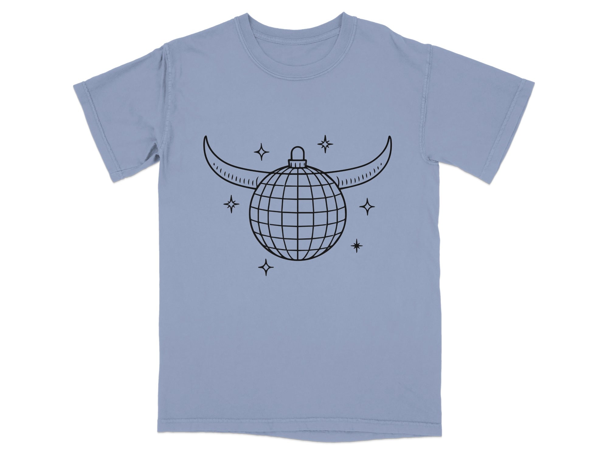 Light blue t-shirt with black line drawing of a disco ball with horns and stars.