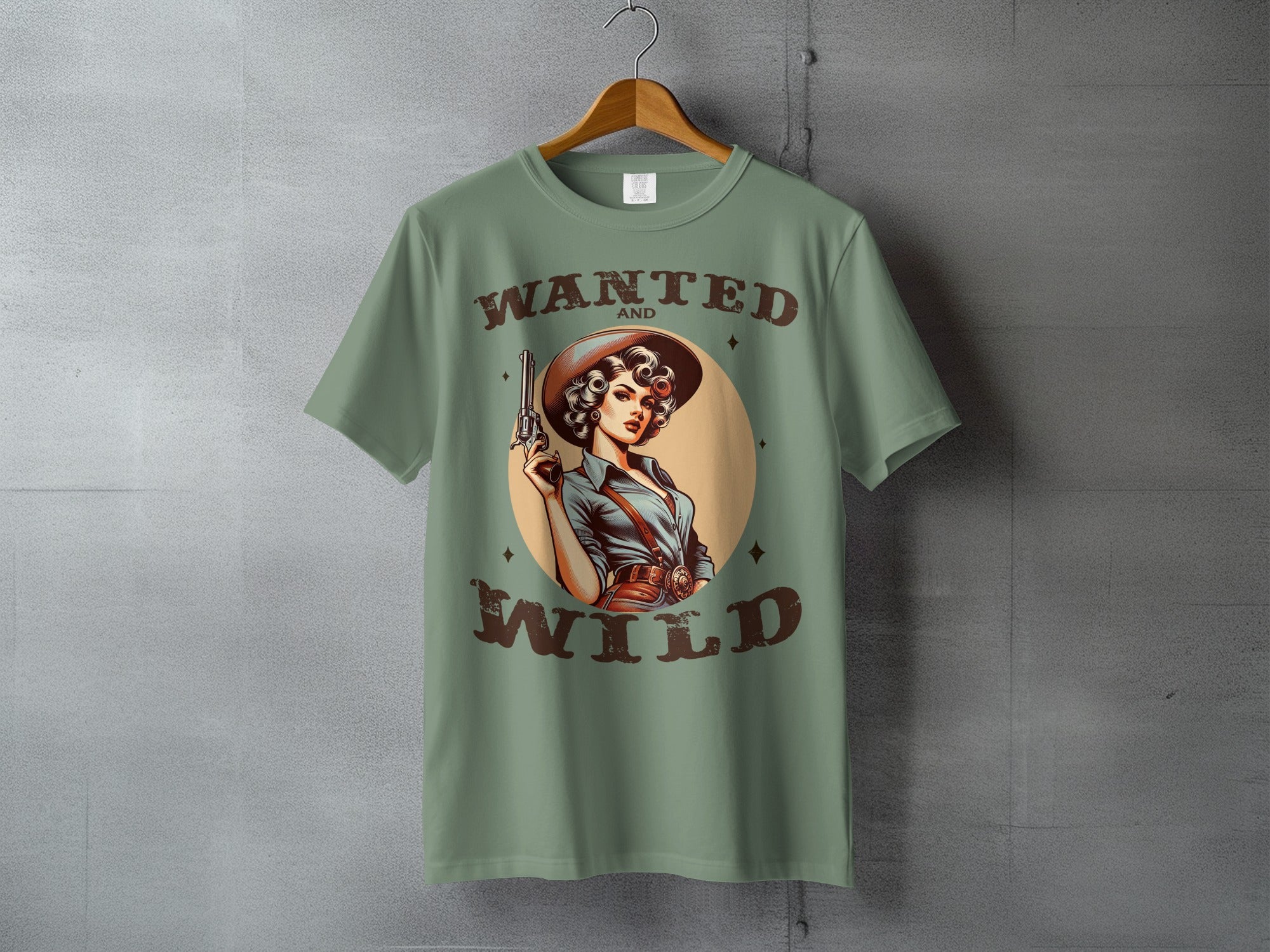 T-shirt with a vintage wanted poster design of a woman with a gun.