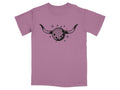 Lilac t-shirt with a black disco ball-like globe with horns and stars graphic.