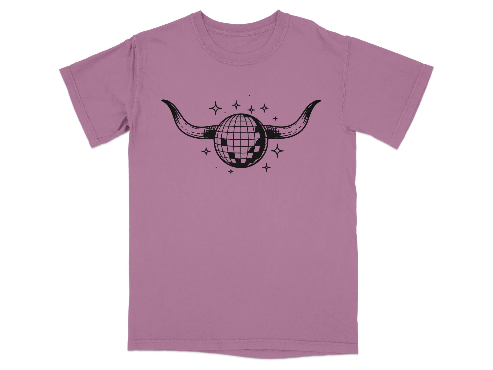 Lilac t-shirt with a black disco ball-like globe with horns and stars graphic.