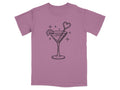 Mauve t-shirt with a black line drawing of a martini glass with a heart stirrer.
