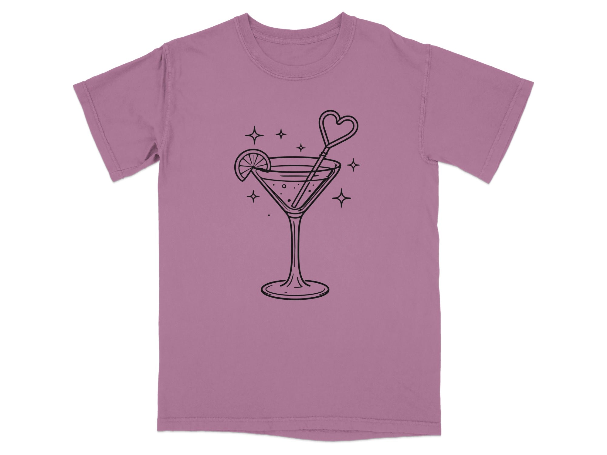 Mauve t-shirt with a black line drawing of a martini glass with a heart stirrer.