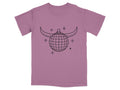 Purple shirt with a black line drawing of a disco ball with horns and stars.