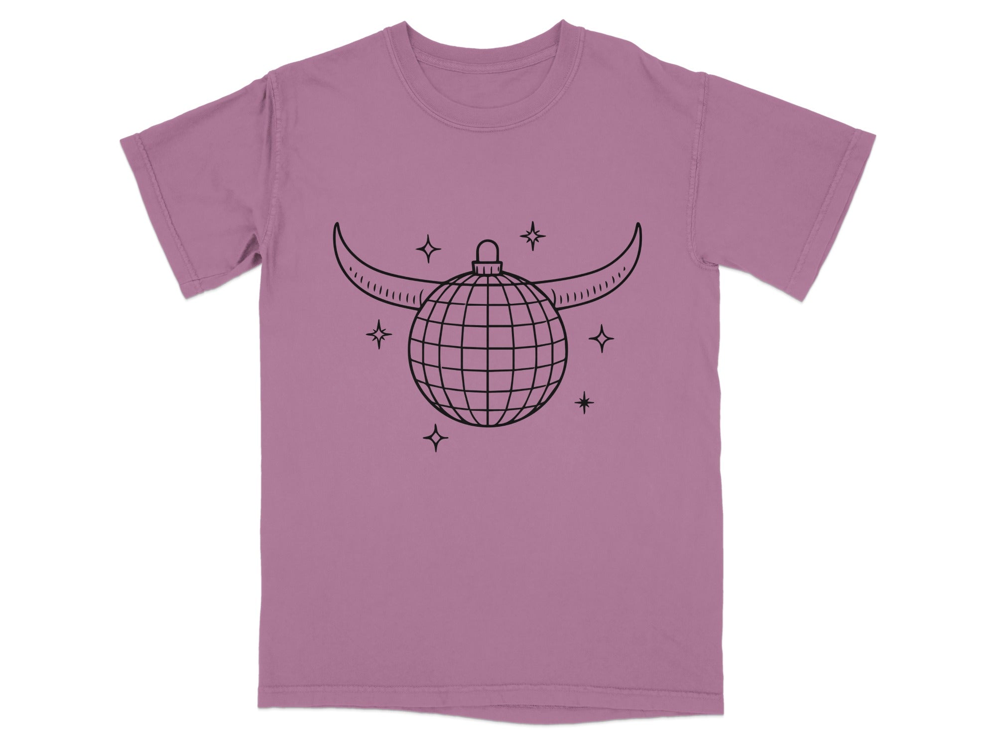 Purple shirt with a black line drawing of a disco ball with horns and stars.