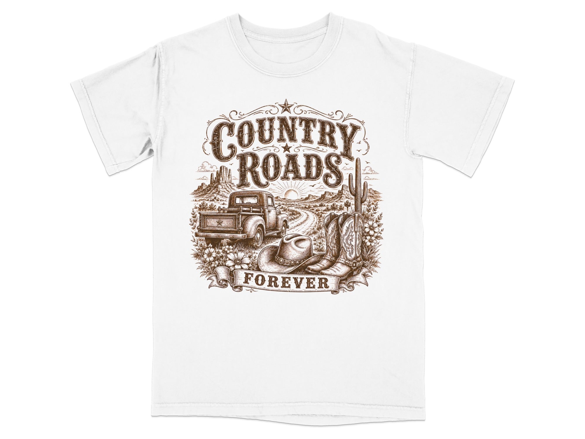 T-shirt with "COUNTRY ROADS FOREVER" text, desert scene, truck, cowboy hat, and boots.