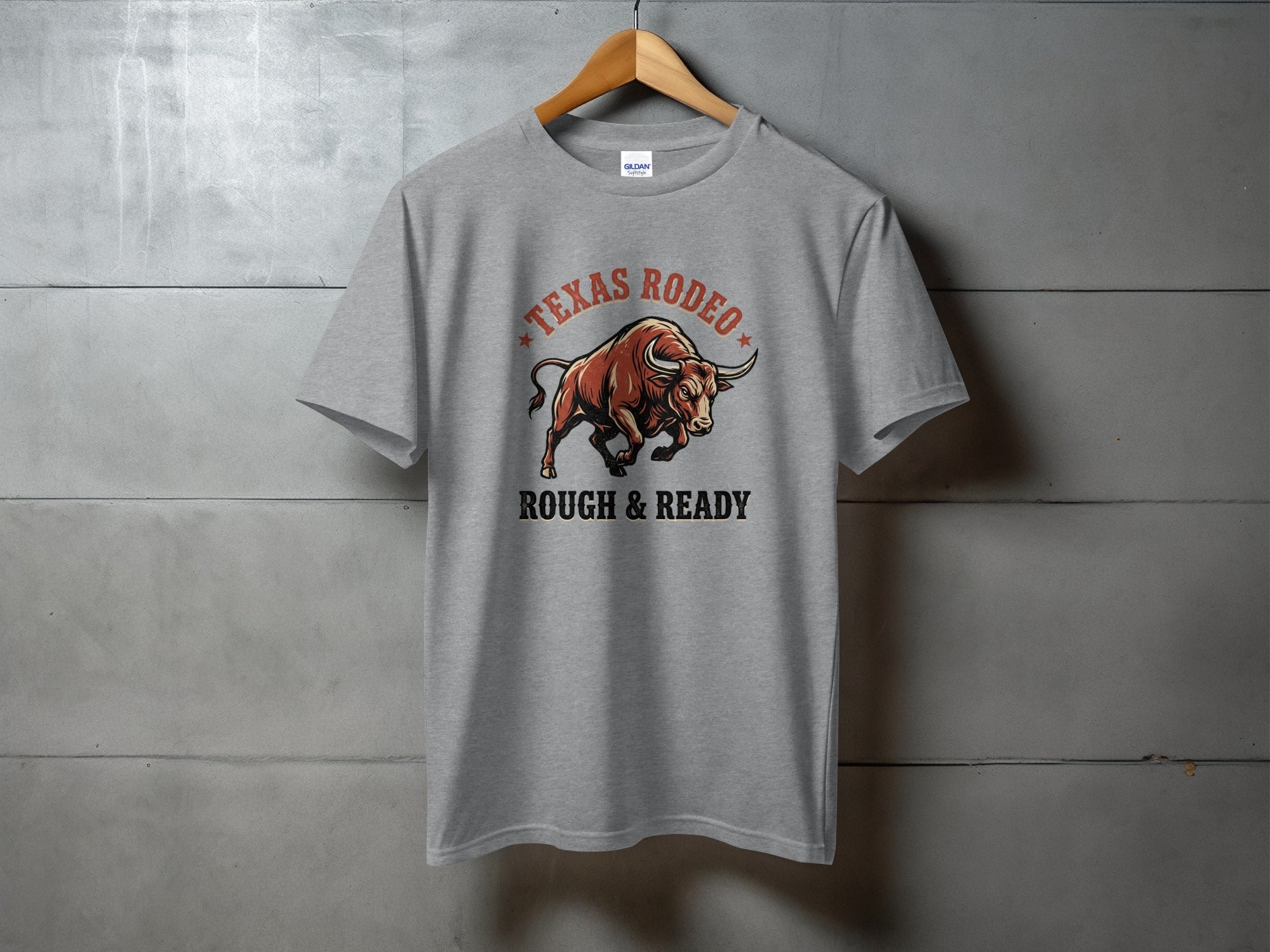 Grey t-shirt with bull graphic and "Texas Rodeo Rough & Ready" text.