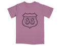 Purple t-shirt with a black outlined Route 66 shield graphic.