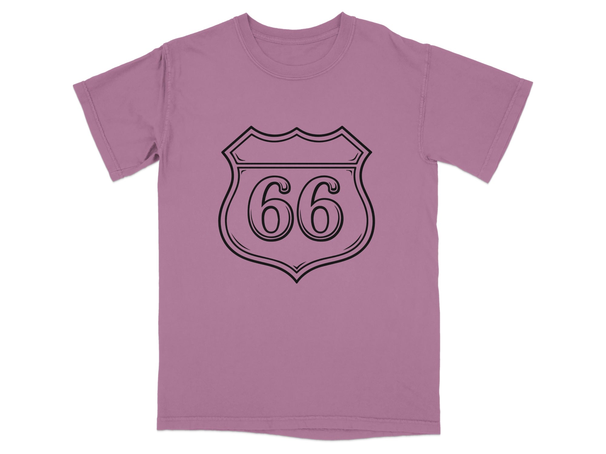 Purple t-shirt with a black outlined Route 66 shield graphic.