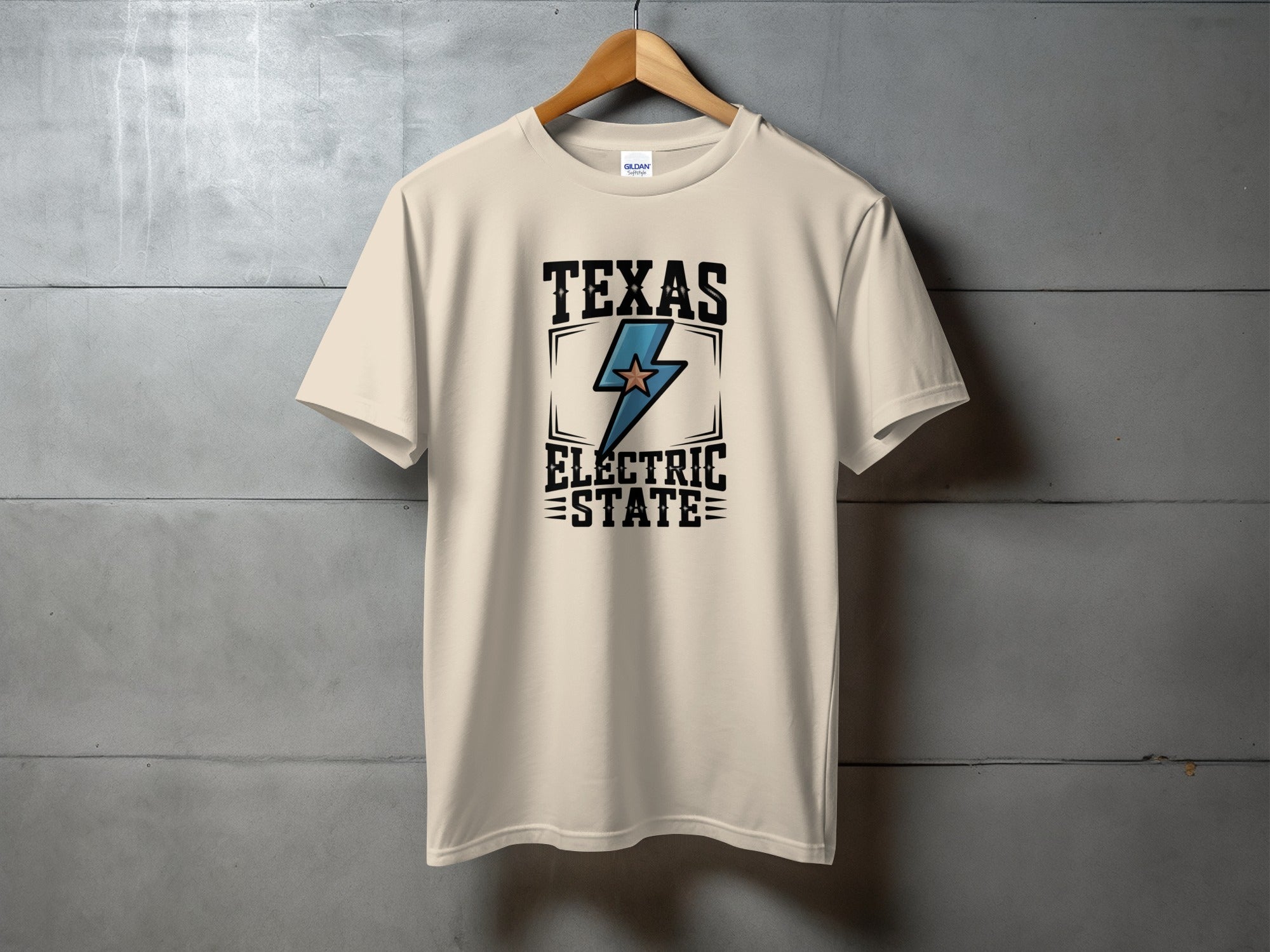 Light-colored t-shirt with "TEXAS ELECTRIC STATE" and a lightning bolt logo.
