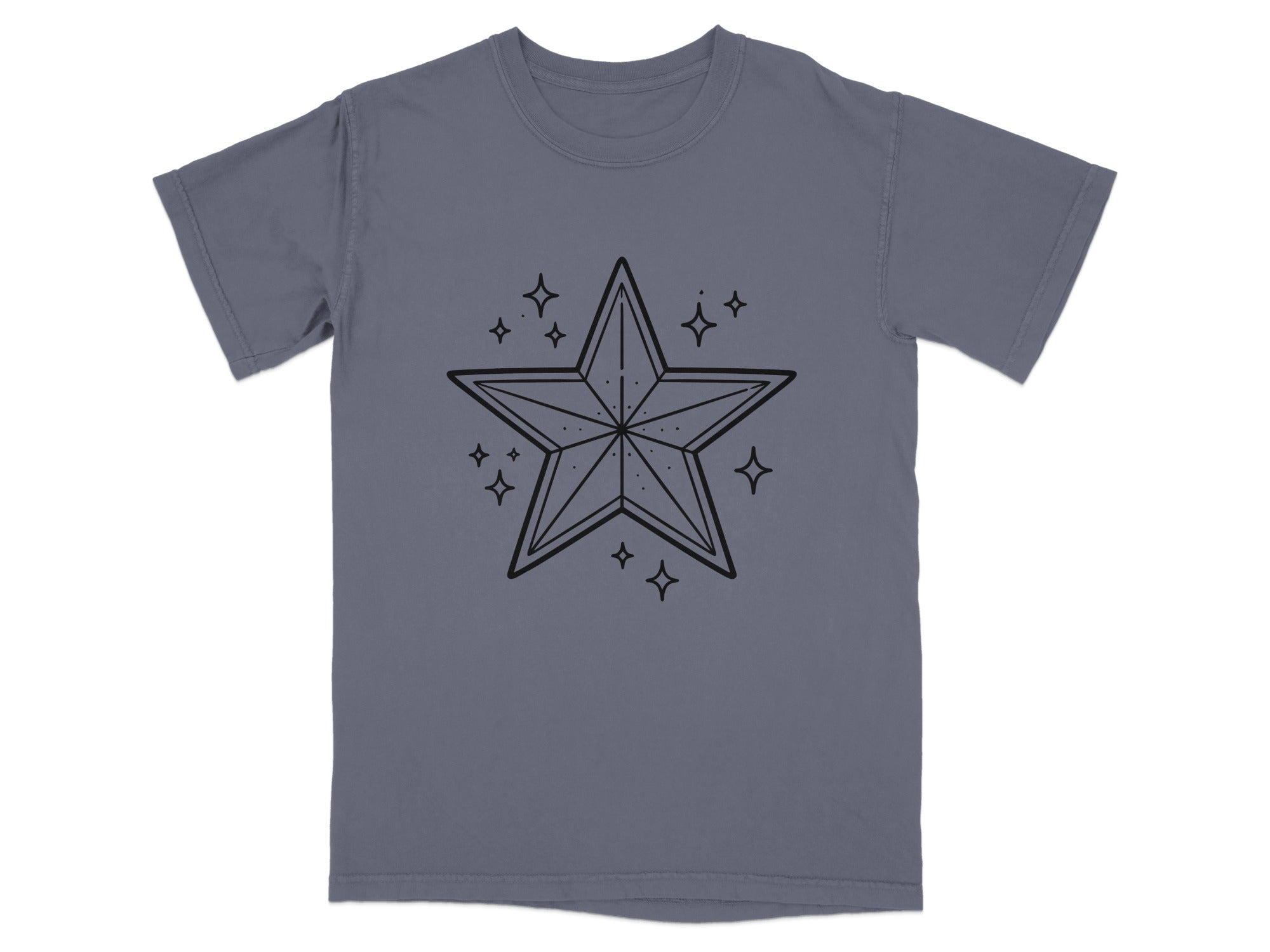 Gray t-shirt with a black outline of a geometric star and four-pointed sparkles.