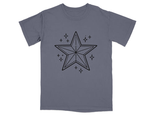 Gray t-shirt with a black outline of a geometric star and four-pointed sparkles.