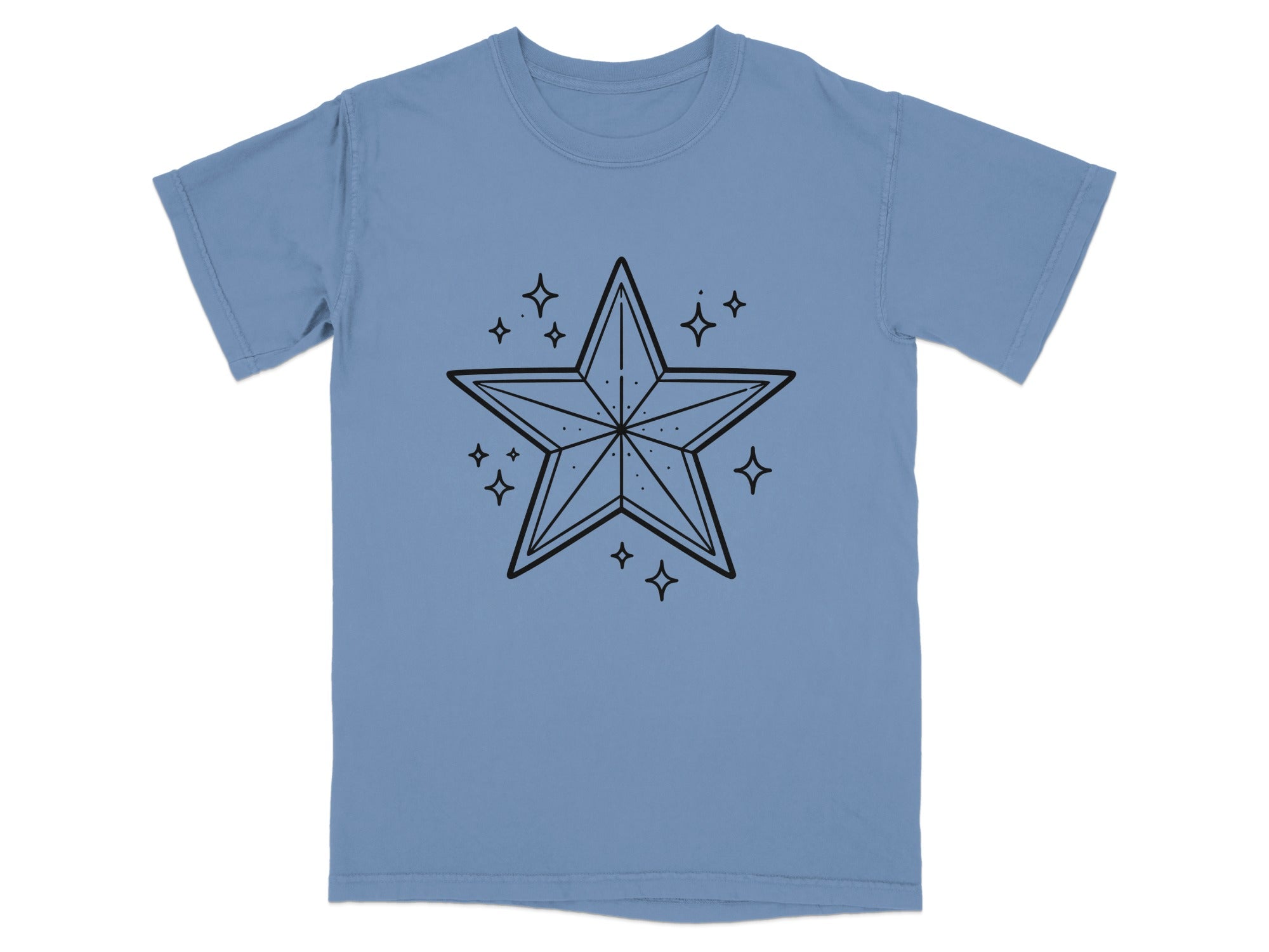 Blue t-shirt with a black outlined star and small sparkling stars graphic.
