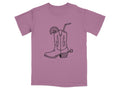 Black line art of a cowboy boot with a lime slice and straw on a purple t-shirt.