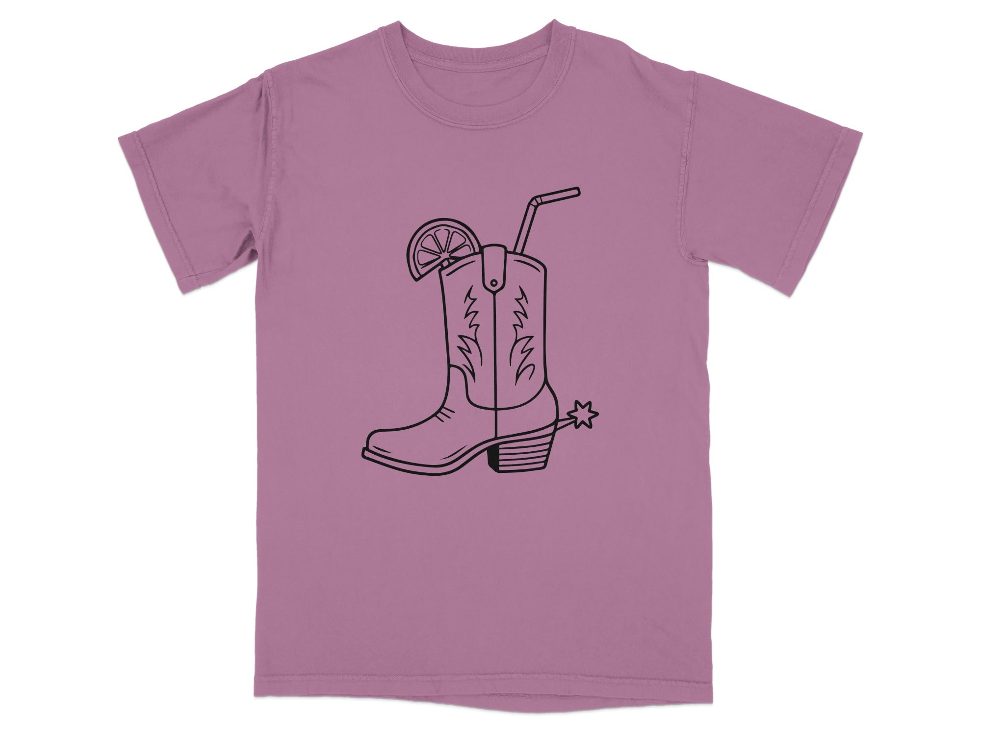 Black line art of a cowboy boot with a lime slice and straw on a purple t-shirt.