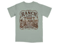 T-shirtGraphic: "Ranch Life Forever" with cowboy hat, lasso, ranch scene, and cattle.