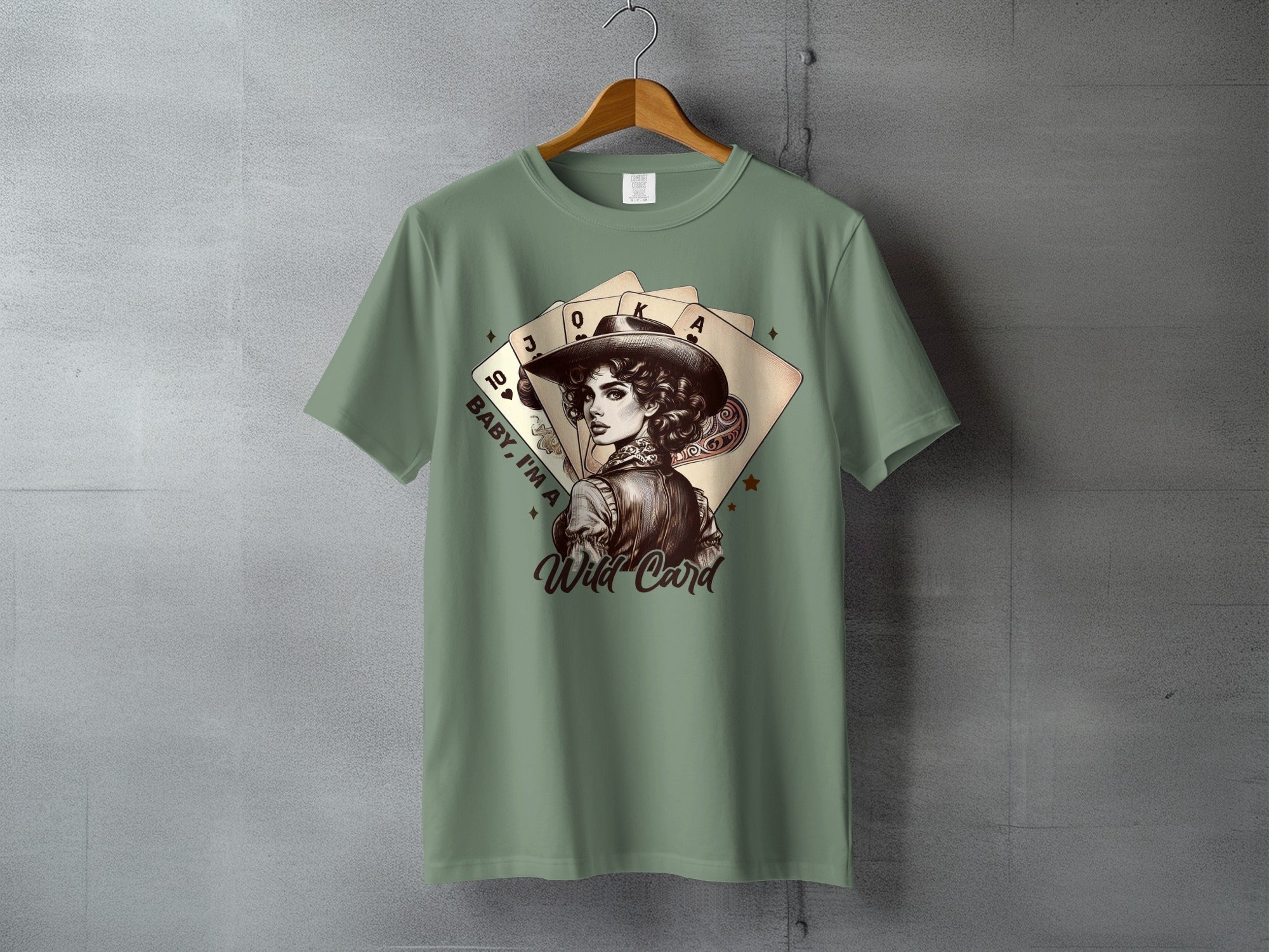 T-shirt featuring a woman in a cowboy hat and playing cards with "Wild Card" text.